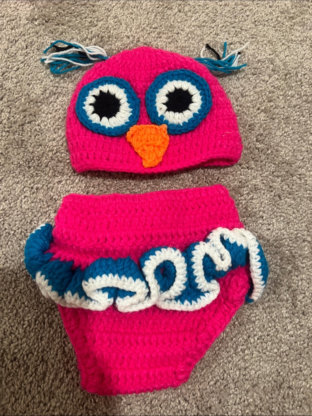 Pink Owl Crochet Beanie and Ruffle Diaper Cover Set - Kids Accessories